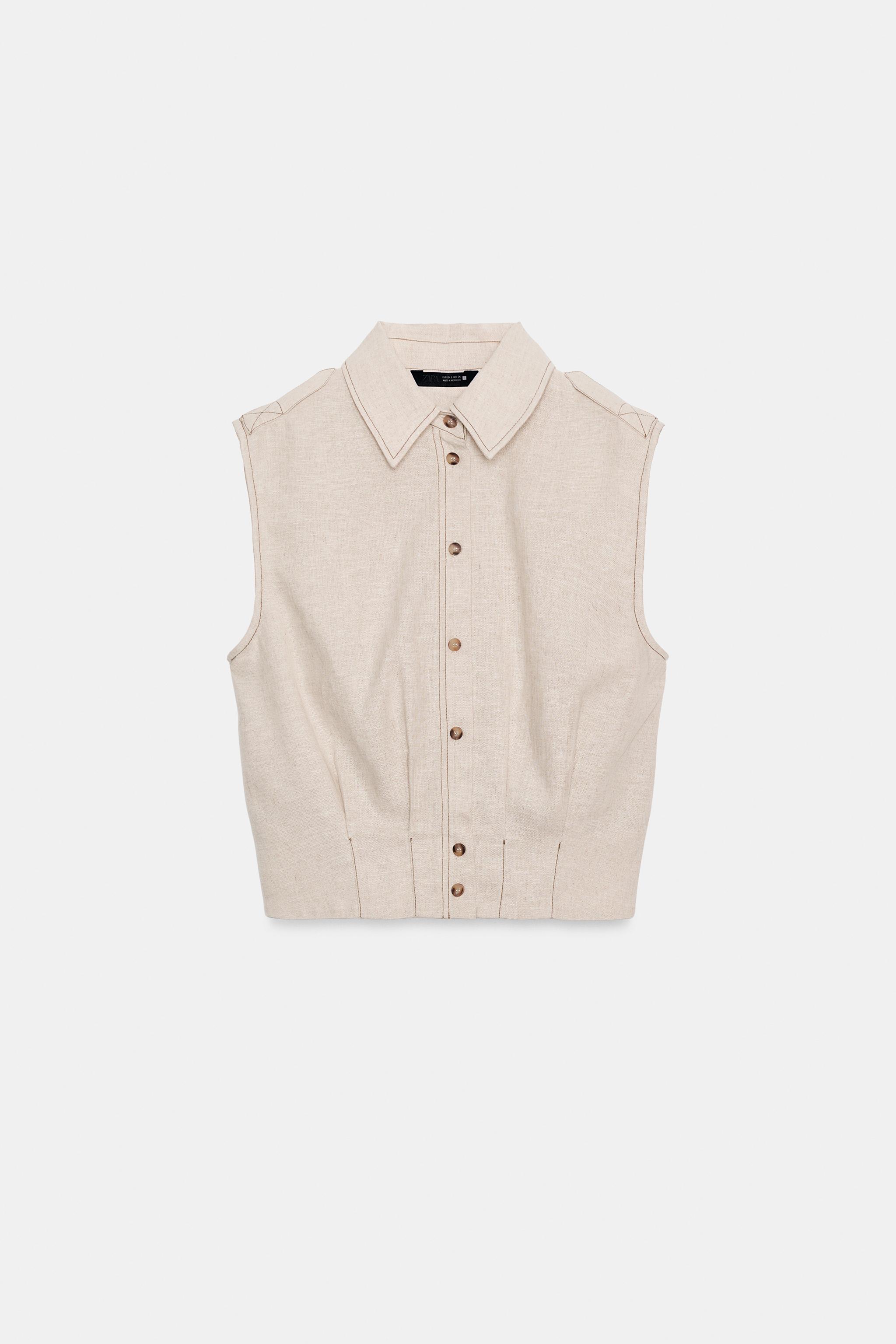 LINEN TOP WITH TOPSTITCHING